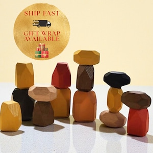 Wooden Balancing Rocks Natural Colors : Montessori Educational Toy, 15 Piece Set