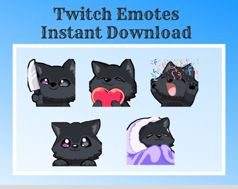 5 Kawaii Black Wolf Emotes for Streaming Lurk, Heart, Hype, Cozy, Knife - Twitch, Discord, YouTube, Kick