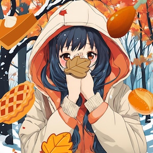 May include: A young woman with long dark blue hair is wearing a white and orange hooded jacket. She is holding a brown leaf in front of her face. The background is a snowy forest with autumn leaves.