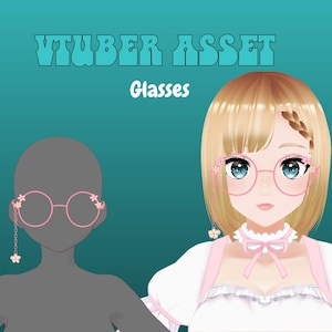 Puede incluir: Ilustración de un activo VTuber con gafas de montura rosa con detalles florales. El texto "VTUBER ASSET" y "Glasses" se muestra encima de las gafas. Las gafas se muestran en un personaje con cabello rubio y ojos azules.