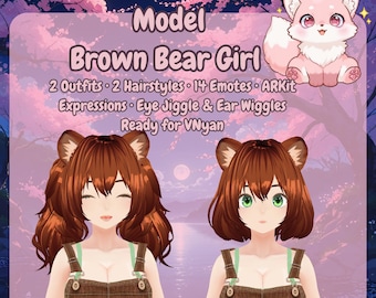 Brown Bear Girl VTuber Model | 3D VRoid Model for VNyan | Eye Jiggle, Ear Wiggles, ARKit Expressions + 14 Emotes