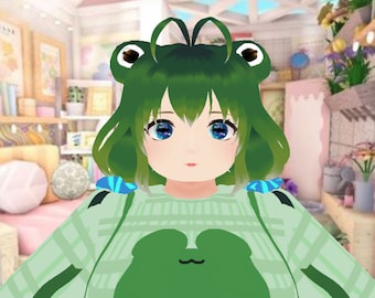 Green Haired Plus Size Frog Froggie Girl Vtuber model With Two Outfits Ready to Use | Cute Pre-Made 3D Vroid VRM model for Streaming/Vtuber