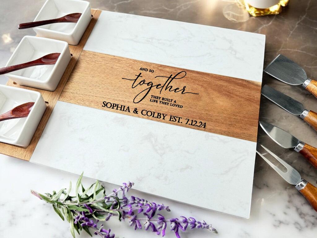 Personalized Marble & Acacia Wood Charcuterie Board Set - Etsy