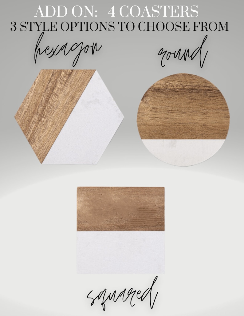 May include: Four coasters in three different shapes: hexagon, round, and square. Each coaster has a wood top and a white marble bottom.