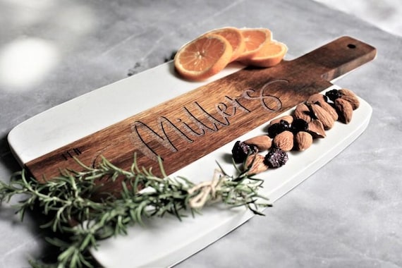 Personalized Marble & Acacia Wood Charcuterie Board, Engraved Wedding Gift for Couple