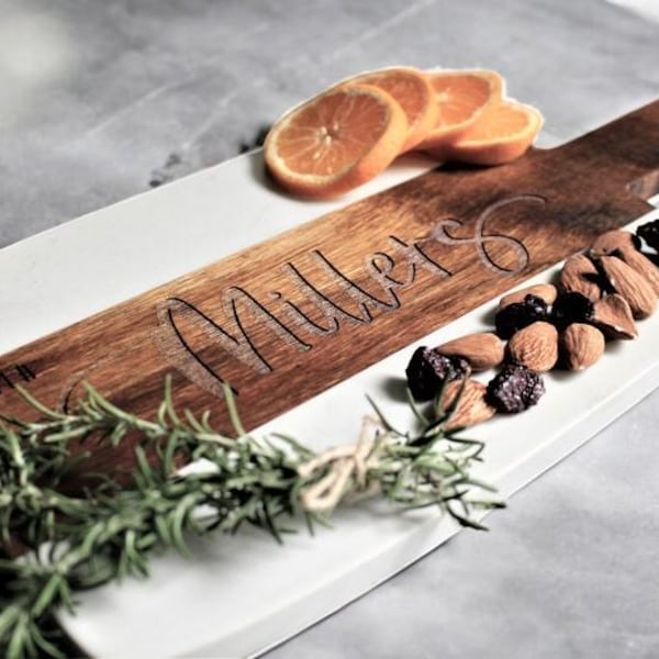 Personalized Marble & Acacia Wood Charcuterie Board, Engraved Wedding Gift for Couple