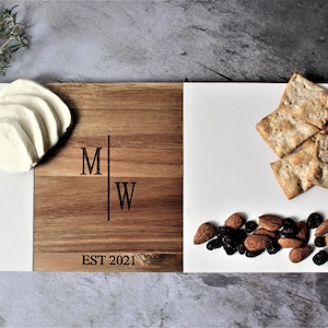 Minimalist Personalized Marble & Wood Charcuterie Cheese Serving Board For Bridal Shower Wedding Engagement Birthday Thank You Housewarming image 1