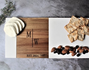 Minimalist Personalized Marble & Wood Charcuterie Cheese Serving Board For Bridal Shower Wedding Engagement Birthday Thank You Housewarming