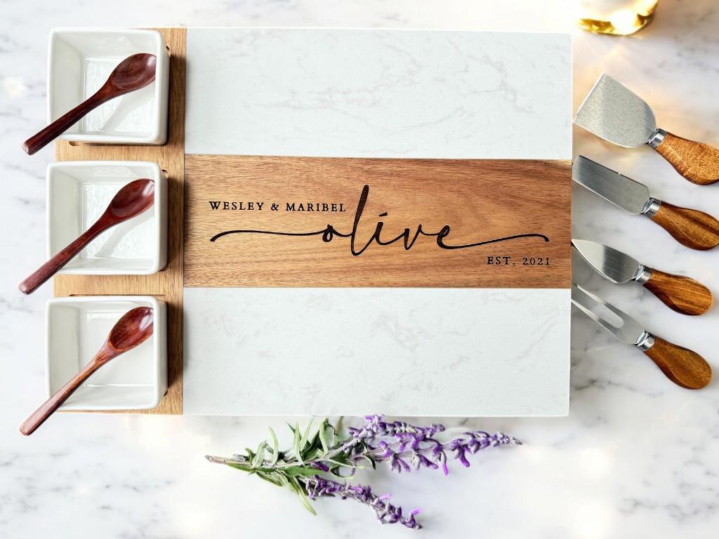 Personalized Marble & Acacia Wood Charcuterie Board Set - Etsy