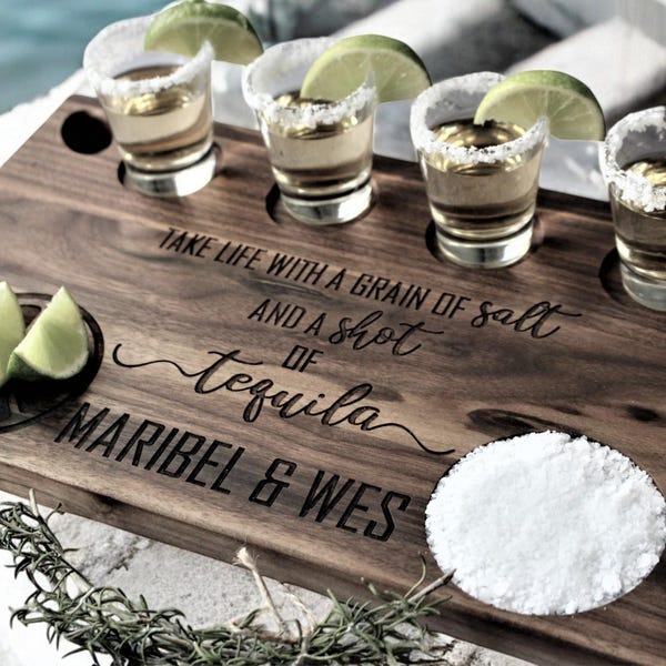Personalized Tequila Flight Board, Walnut or Maple, Wedding Gift