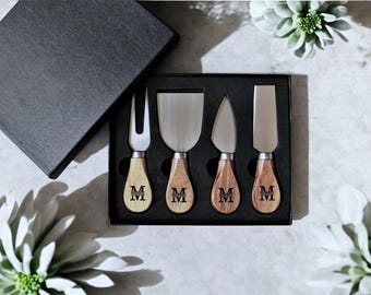 Personalized Acacia Wood Cheese Knife Set, Engraved 4-Piece Charcuterie Tool Set, Wedding or Housewarming Gift
