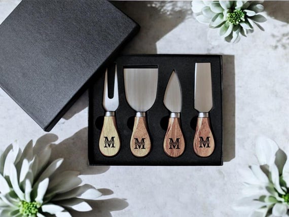 Personalized Acacia Wood Cheese Knife Set, Engraved 4-Piece Charcuterie Tool Set, Wedding or Housewarming Gift