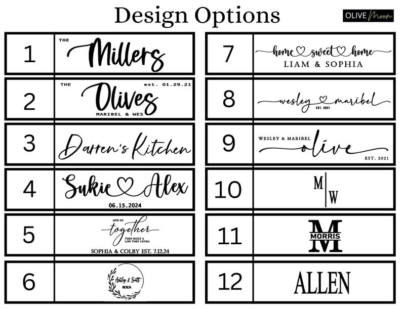 May include: A graphic design options chart with 12 different designs for a personalized sign. The designs include names, dates, and phrases like "home sweet home" and "together".
