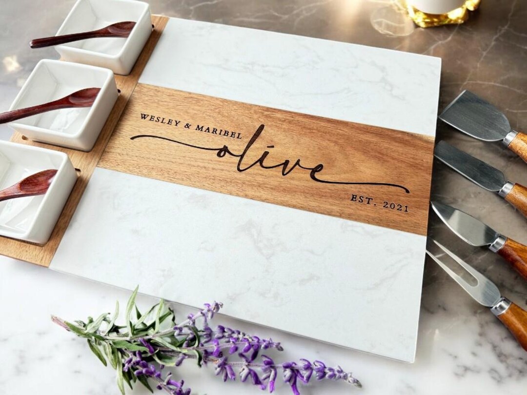 Personalized Marble & Acacia Wood Charcuterie Board Set - Etsy