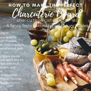 May include: A wooden charcuterie board with a variety of meats, cheeses, olives, fruit, crackers, and bread. The board is surrounded by a glass of white wine, grapes, and a jar of honey. The text "HOW TO MAKE THE PERFECT CHARCUTERIE BOARD" is at the top of the image.