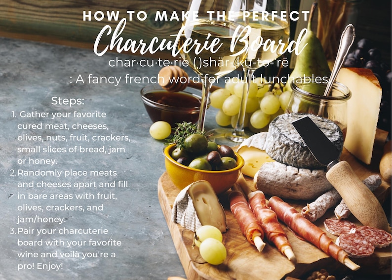 May include: A wooden charcuterie board with a variety of meats, cheeses, olives, fruit, crackers, and bread. The board is surrounded by a glass of white wine, grapes, and a jar of honey. The text "HOW TO MAKE THE PERFECT CHARCUTERIE BOARD" is at the top of the image.