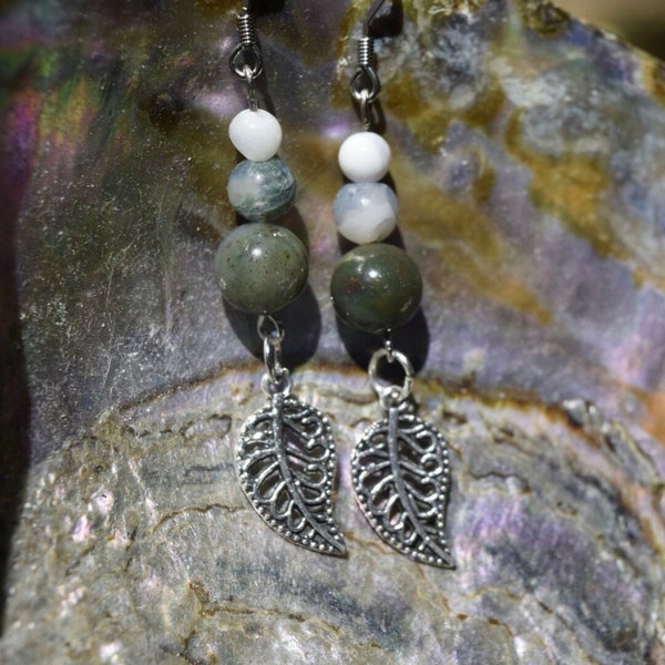 handmade earthy crystal bead leaf hippie dangly earrings