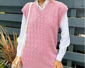 Women's Cable Knit Sleeveless Vest Jumper – V-Neck, Relaxed Fit, Acrylic, Winter Sweater Tank Top – S/M, M/L