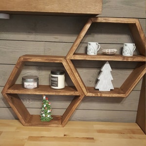 Set of 3 - Rustic Hexagon/Honeycomb Shelves with Middle Shelf, Wooden-Handmade