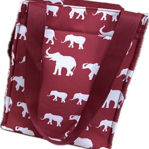 Lunch Bag Tote-Canvas Burgundy Elephant print -Monogrammable- Cooler -Insulated  Lunch Bag  - New Arrival