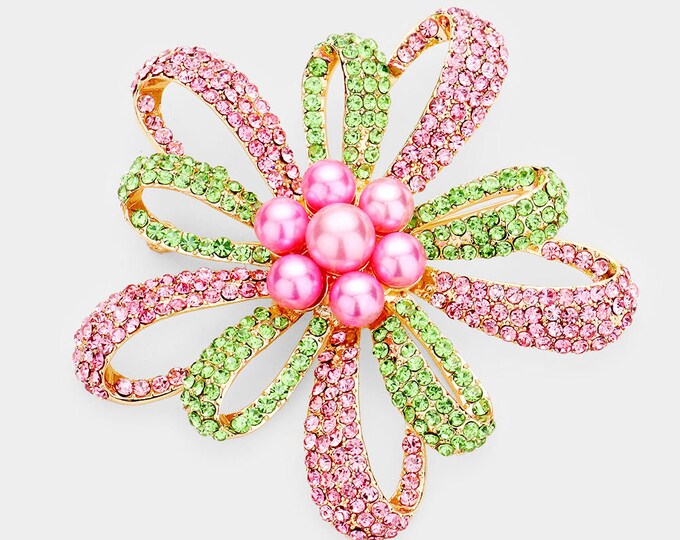 4.1 Inch Pink and Green Crystal Rhinestone Brooch or Flat Back
