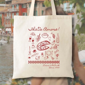 Ręcznie rysowana torba typu „pizza Doodle” – Włochy, wieczór panieński – torba powitalna na ślub w miejscu docelowym – włoski ślub – torba na wieczór panieński Thats Amore