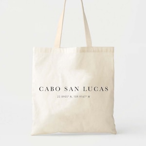 Minimal Location Tote - Wedding Welcome Bag - Custom Wedding Tote - Bachelorette Gift - Destination Wedding Tote - Custom Tote - Cabo Tote