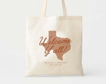 Welcome Y'all Tote - Texas Wedding Welcome Bags - State Outline Tote - Wedding Guest Tote - Bridesmaid Gift - Favor Bag - Location Tote Bag
