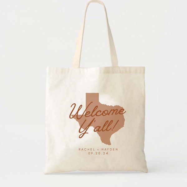 Welcome Y'all Tote - Texas Wedding Welcome Bags - State Outline Tote - Wedding Guest Tote - Bridesmaid Gift - Favor Bag - Location Tote Bag