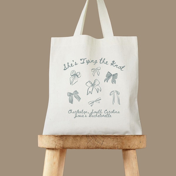 She's Tying The Knot Bow Name Tote - Coquette Bachelorette - Bridesmaid Gifts - Bachelorette Tote - Girly Bachelorette - Coquette Aesthetic