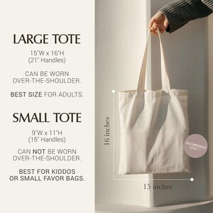 a person holding a large tote bag, with text providing information about the size and features of the bag.