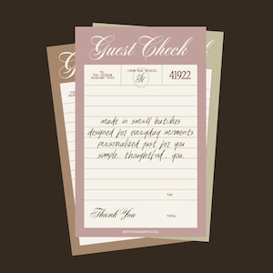 a guest check form with handwritten text, placed on a brown background.