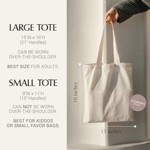 a person holding a large tote bag, with text providing information about the size and features of the bag.