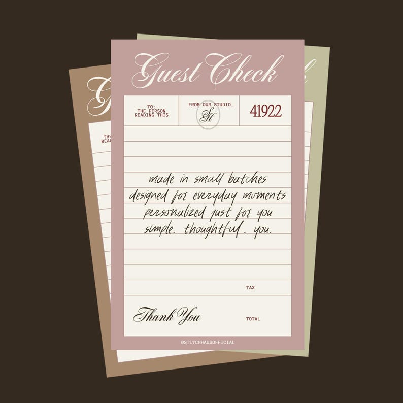 a guest check form with handwritten text, placed on a brown background.