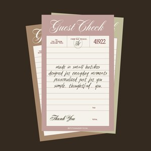 a guest check form with handwritten text, placed on a brown background.
