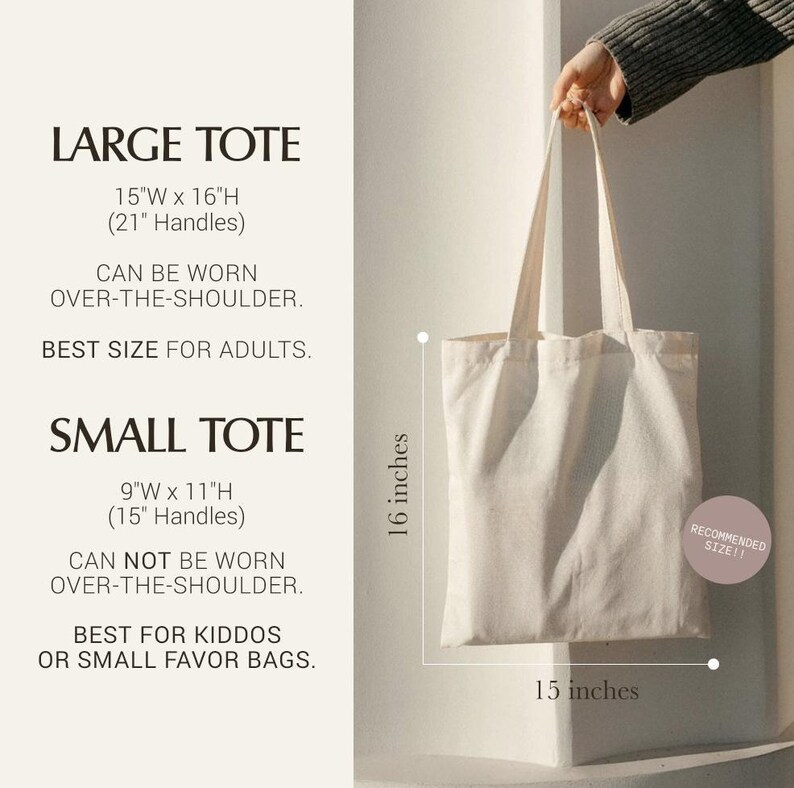 a person holding a large tote bag, with text providing information about the size and features of the bag.