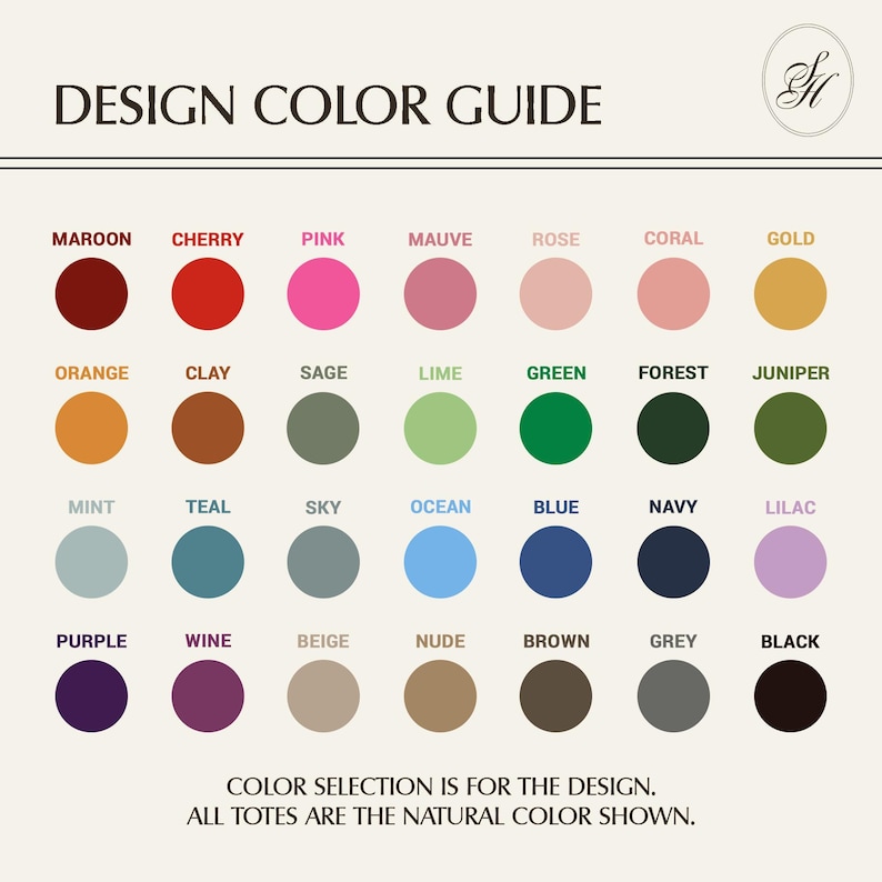 The image is a color guide that provides a visual representation of various natural color names, such as maroon, cherry, pink, mauve, rose, coral, gold, orange, clay, sapphire, lime, green, forest, jeniper, mint, teal, sky, ocean, blue, navy, lilac, purple, wine, beige, nude, brown, grey, black, and nude. The guide is designed to help designers and artists choose the appropriate colors for their designs or artwork.