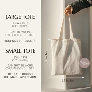 a person holding a large tote bag, with text providing information about the size and features of the bag.
