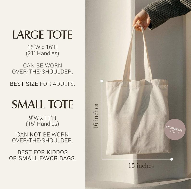 a person holding a large tote bag, with text providing information about the size and features of the bag.