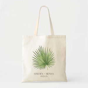 Green Fan Palm Leaf Totes - Wedding Welcome Bag - Custom Wedding Tote - Bachelorette Gift Bag - Destination Wedding Tote - Tropical Tote Bag