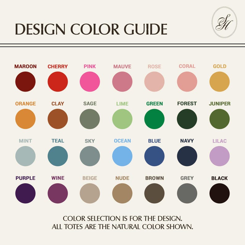 The image is a color guide that provides a visual representation of various natural color names, such as maroon, cherry, pink, mauve, rose, coral, gold, orange, clay, sapphire, lime, green, forest, jeniper, mint, teal, sky, ocean, blue, navy, lilac, purple, wine, beige, nude, brown, grey, black, and nude. The guide is designed to help designers and artists choose the appropriate colors for their designs or artwork.