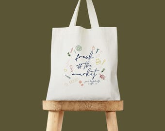 Farmers Market Tote Bag - Hand Drawn Cotton Canvas, Bridesmaid Gift