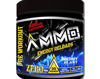 AMMO® Pre Workout Energy Reloads™ Berry Blast Natural Powder  300mg Caffeine Zero Sugar & Electrolytes No Artificial Flavors or Colors