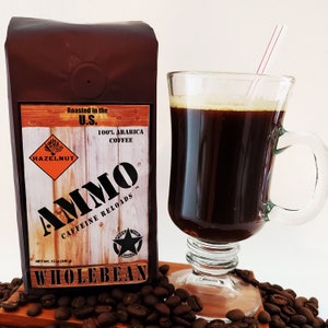 AMMO® Hazelnut Whole Bean Roasted Coffee 12oz Caffeine Reloads 100% Arabica Beans Medium Roast - Small Batch Limited Edition