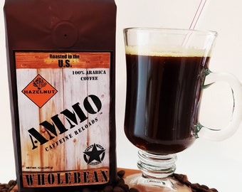 AMMO® Hazelnut Whole Bean Roasted Coffee 12oz Caffeine Reloads 100% Arabica Beans Medium Roast - Small Batch Limited Edition