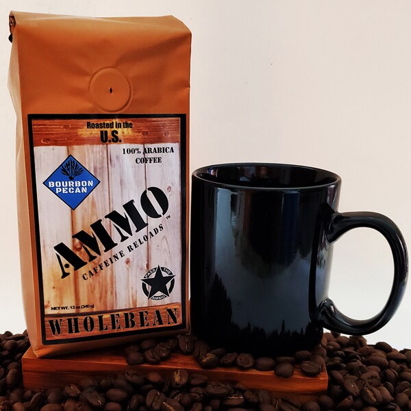 AMMO® Bourbon Pecan Whole Bean Roasted Coffee 12oz Caffeine Reloads 100% Arabica Beans Medium Roast - Small Batch Limited Edition