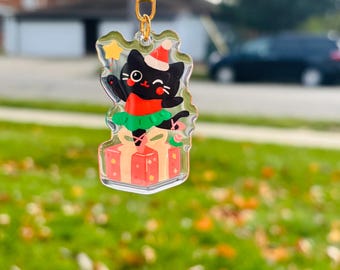 Geschenk Box Katze Schlüsselanhänger, Kawaii Acryl Weihnachtsanhänger