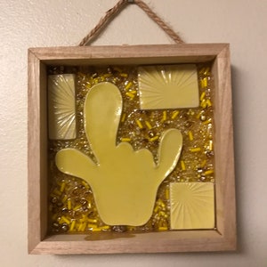 Mosaic Pottery and Beads Wooden Boxed Frame Art ASL Art titled I Love You Sunshine