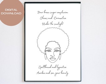 Digital Fine Line  Afro Black Woman Drawing   Wall Art Poetry Print, African American Woman Wall Art,  Black Girl Poster, Black Woman Power