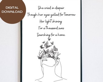 Fine Line Woman and Butterflies Drawing Wall Art for Bedroom, Mental Health Poetry Print,  Self Love Gifts For Her, Mental Health Poster